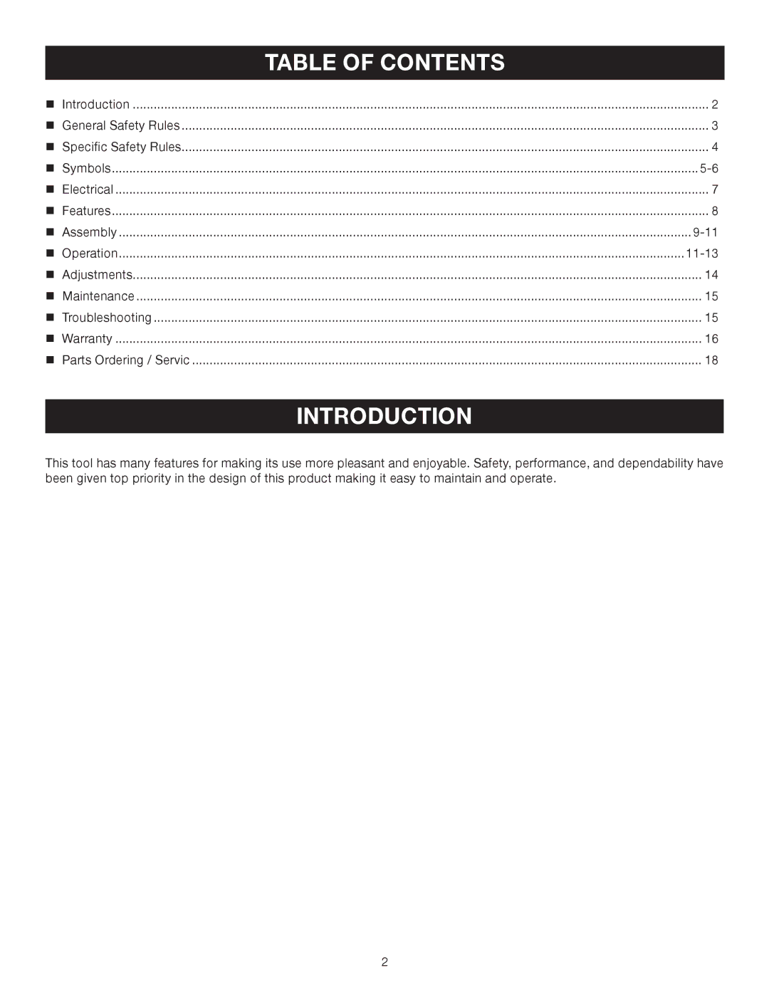 Ryobi Outdoor RY46501B manual Introduction, Table of Contents 