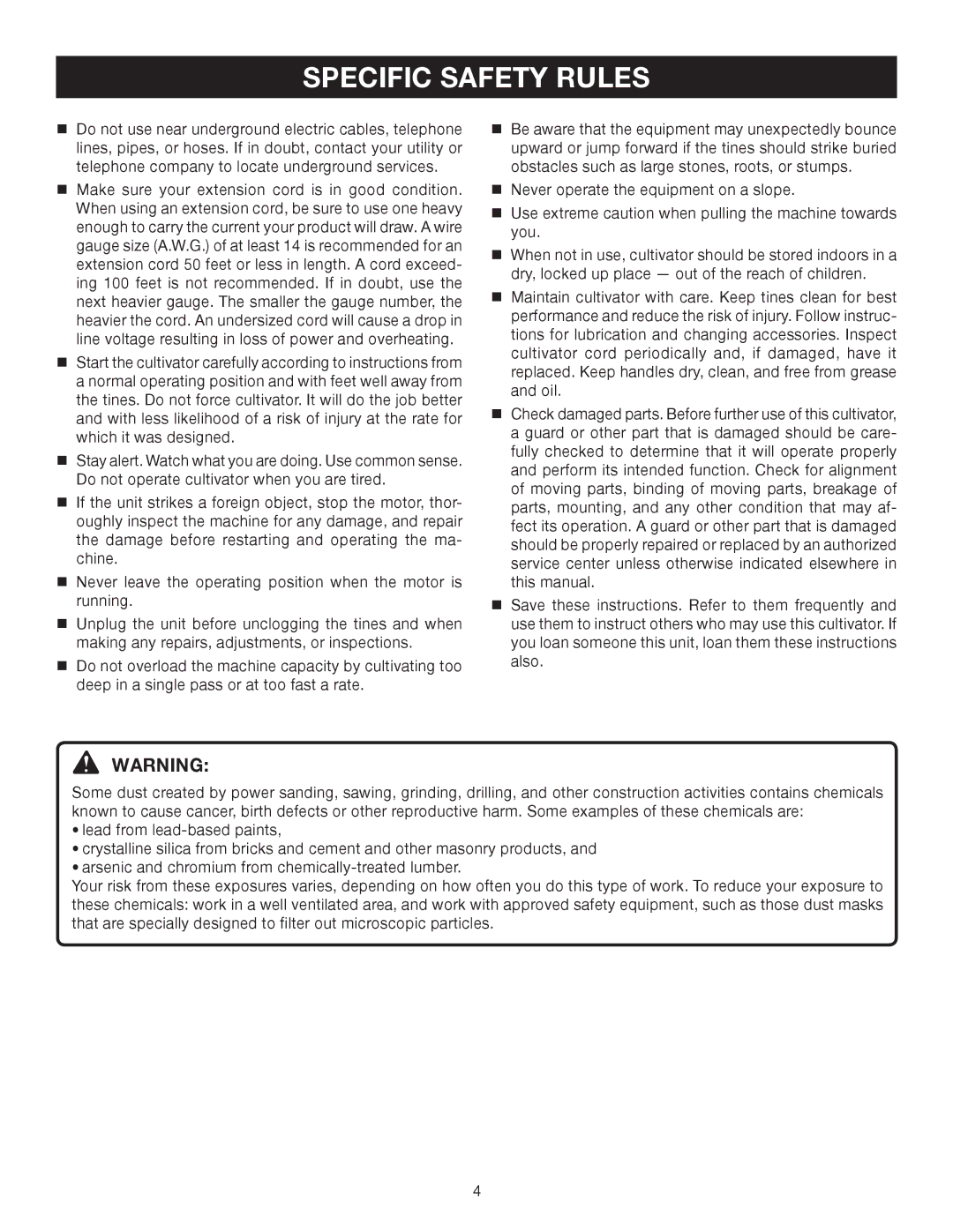 Ryobi Outdoor RY46501B manual Specific Safety Rules 