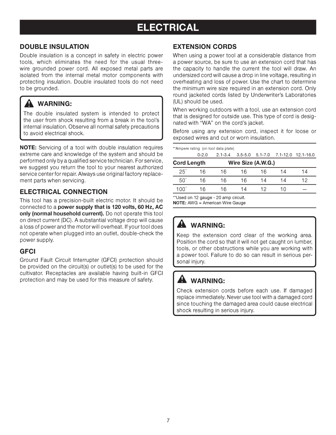 Ryobi Outdoor RY46501B manual Double Insulation, Electrical Connection, Gfci, Extension Cords 