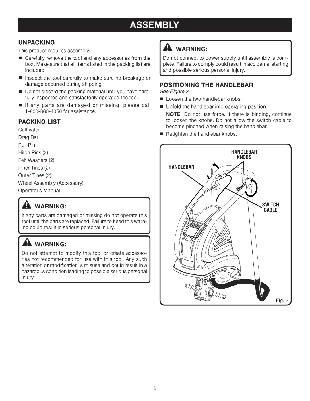 Ryobi Outdoor RY46501B manual Assembly, Unpacking, Packing List, Positioning the Handlebar 