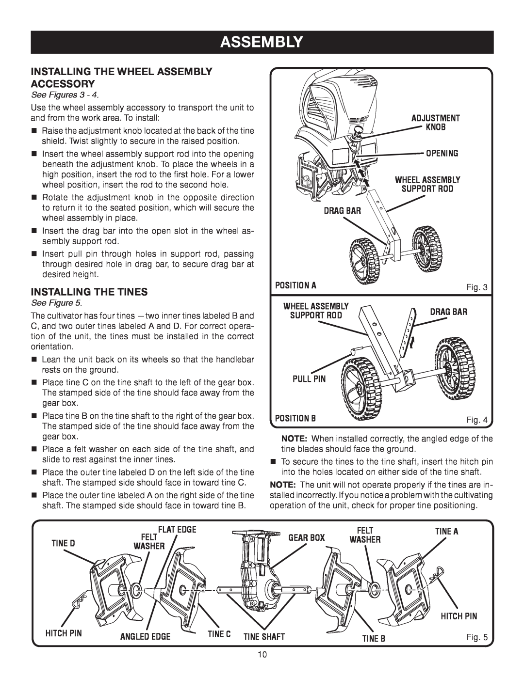 Ryobi Outdoor RY46501B Installing The Wheel Assembly Accessory, Installing The Tines, See Figures, Tine D, Washer, Tine C 