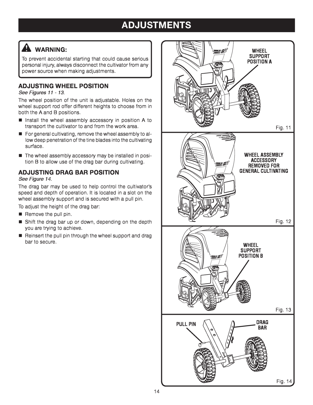 Ryobi Outdoor RY46501B manual Adjustments, Adjusting Wheel Position, Adjusting Drag Bar Position, See Figures, Pull Pin 
