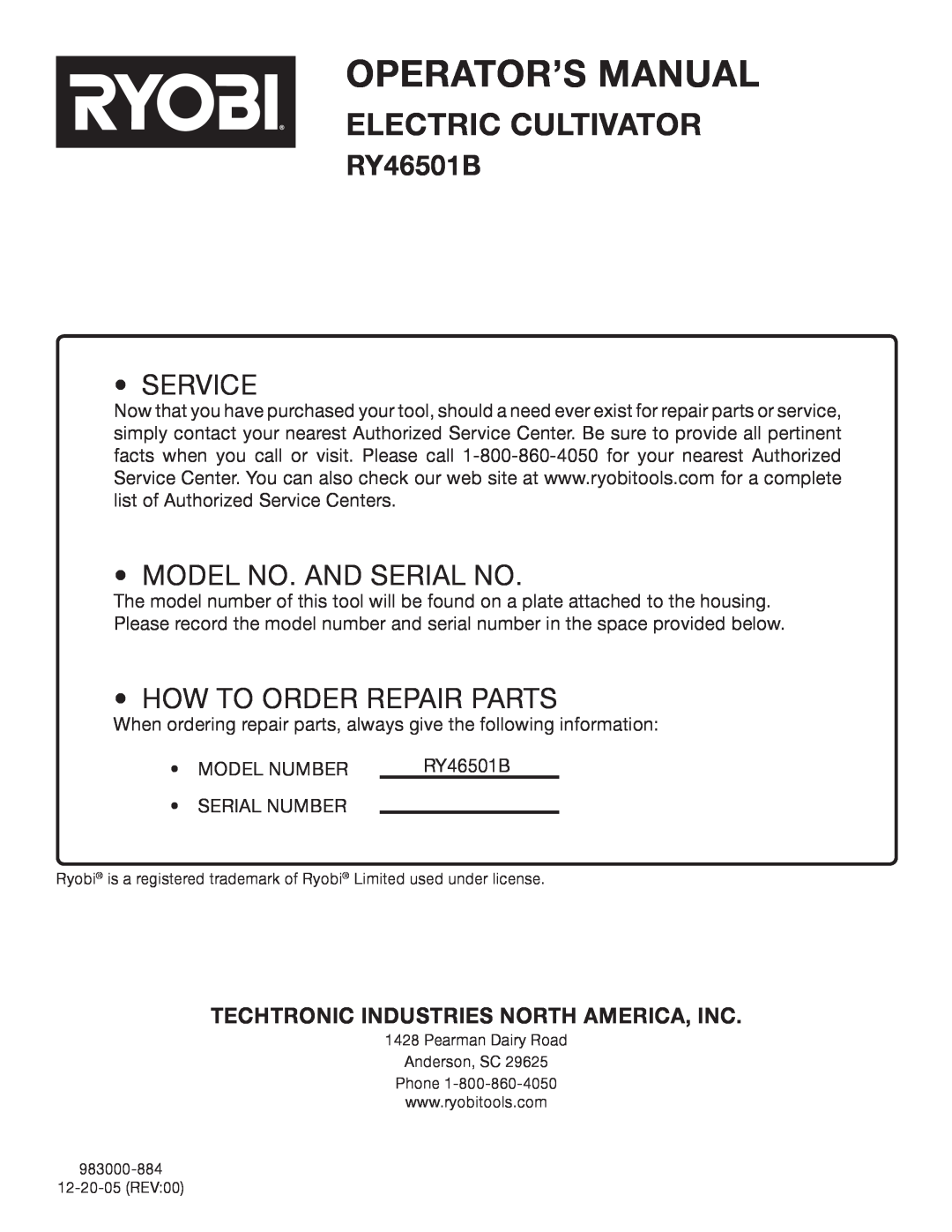 Ryobi Outdoor RY46501B Operator’S Manual, Electric Cultivator, Service, Model No. And Serial No, How To Order Repair Parts 