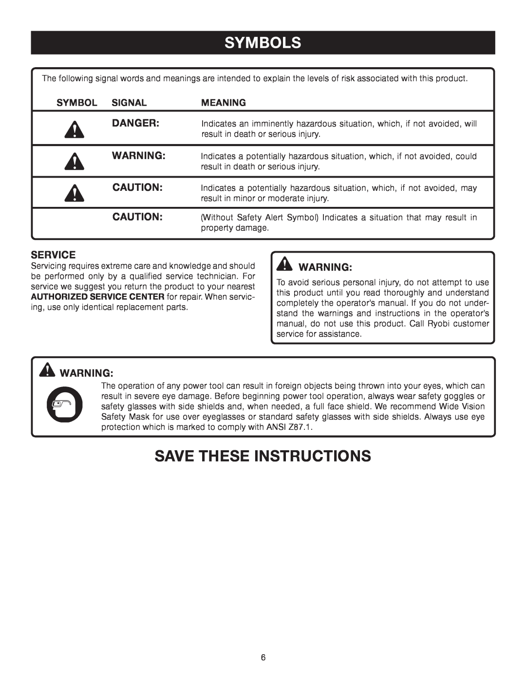 Ryobi Outdoor RY46501B manual Save These Instructions, Service, Symbols, Symbol Signal, Meaning 