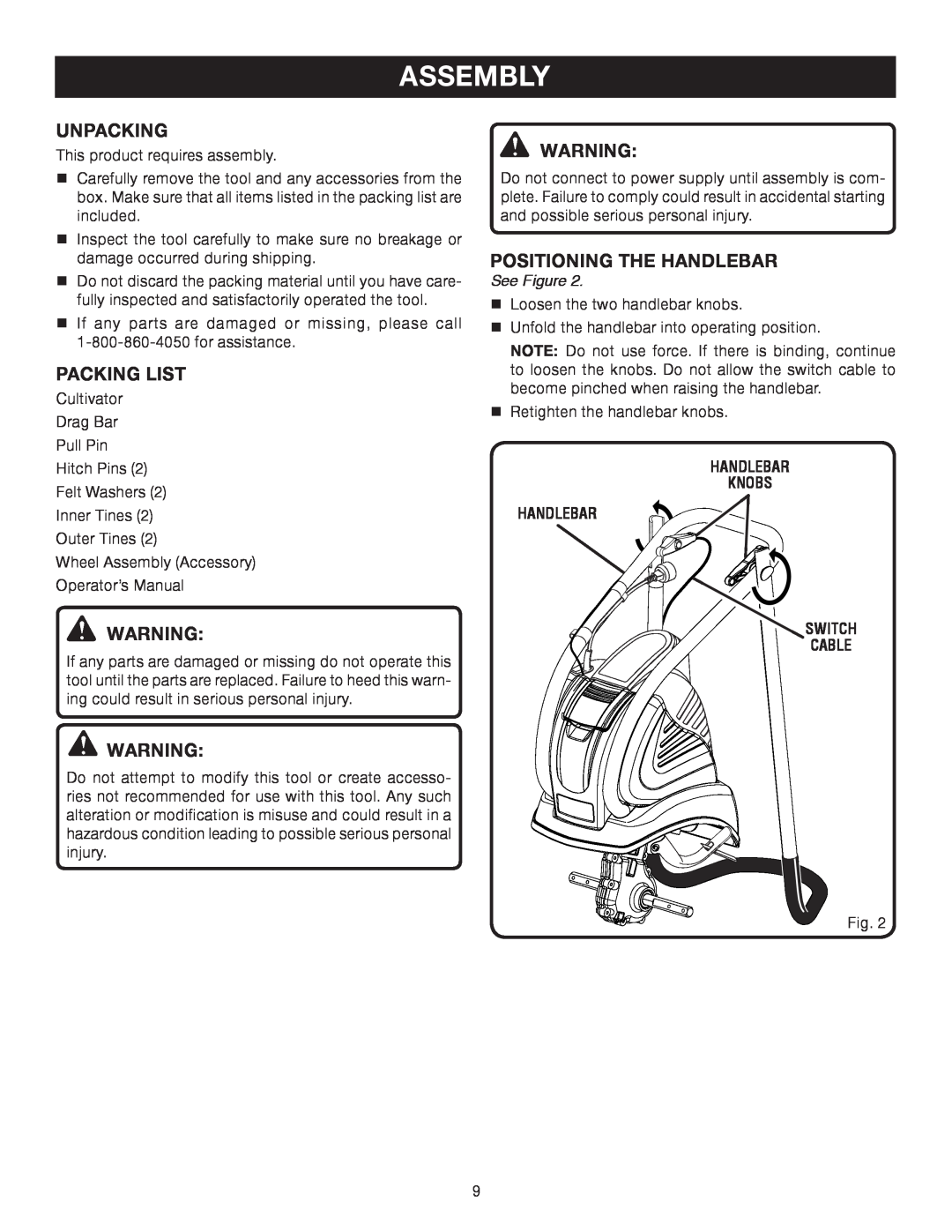 Ryobi Outdoor RY46501B manual Assembly, Unpacking, Packing List, Positioning The Handlebar, See Figure 