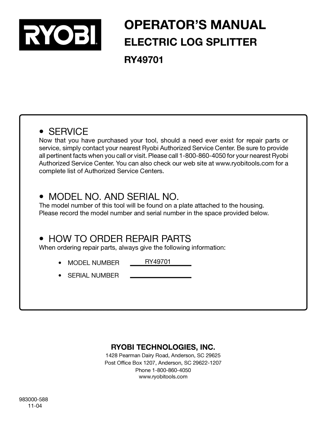 Ryobi Outdoor RY49701 manual Service Model NO. and Serial no 