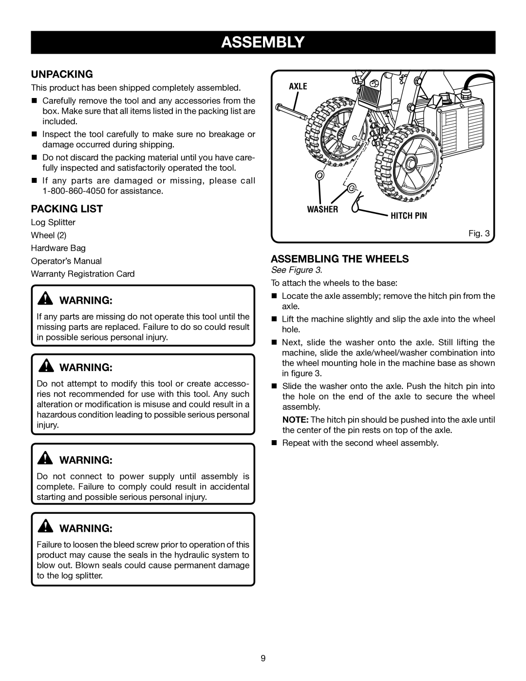 Ryobi Outdoor RY49701 manual Assembly, Unpacking, Packing List, Assembling the Wheels 