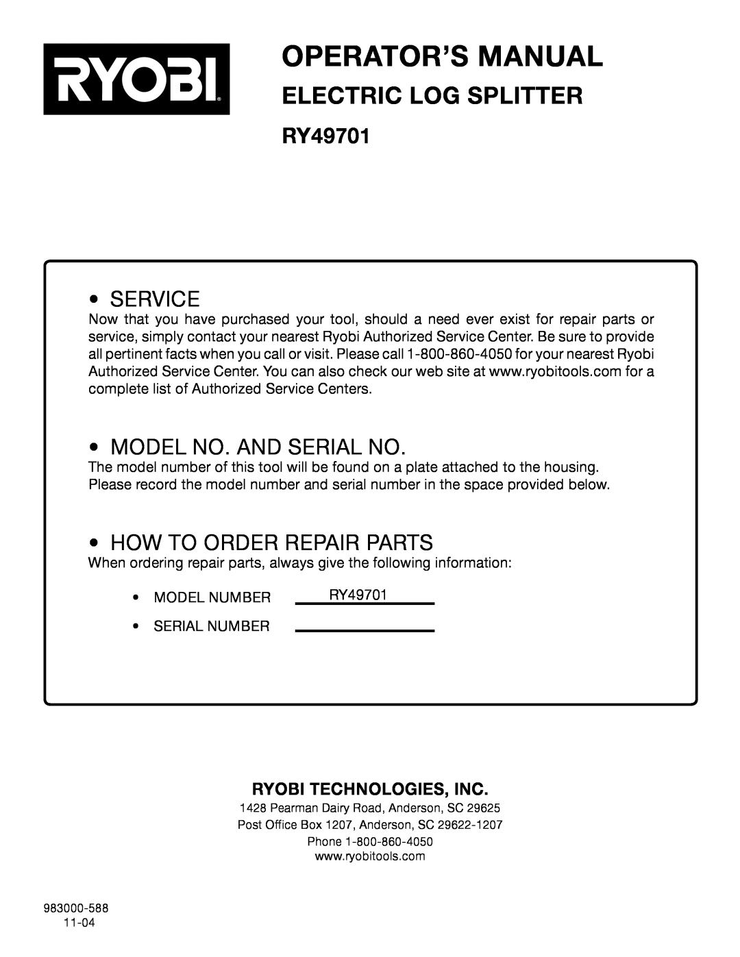 Ryobi Outdoor RY49701 Operator’S Manual, Electric Log Splitter, Service, Model No. And Serial No, Ryobi Technologies, Inc 