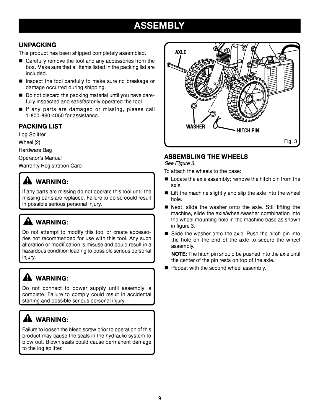 Ryobi Outdoor RY49701 manual Assembly, Unpacking, Packing List, Assembling The Wheels, See Figure 