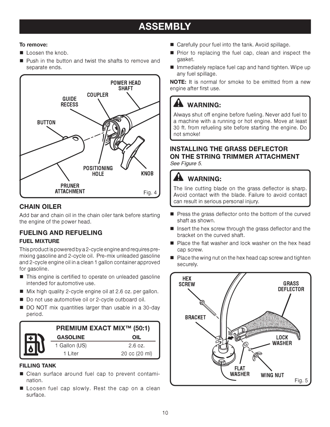 Ryobi Outdoor RY52002 manual Chain Oiler, Fueling and Refueling, Premium Exact MIX 