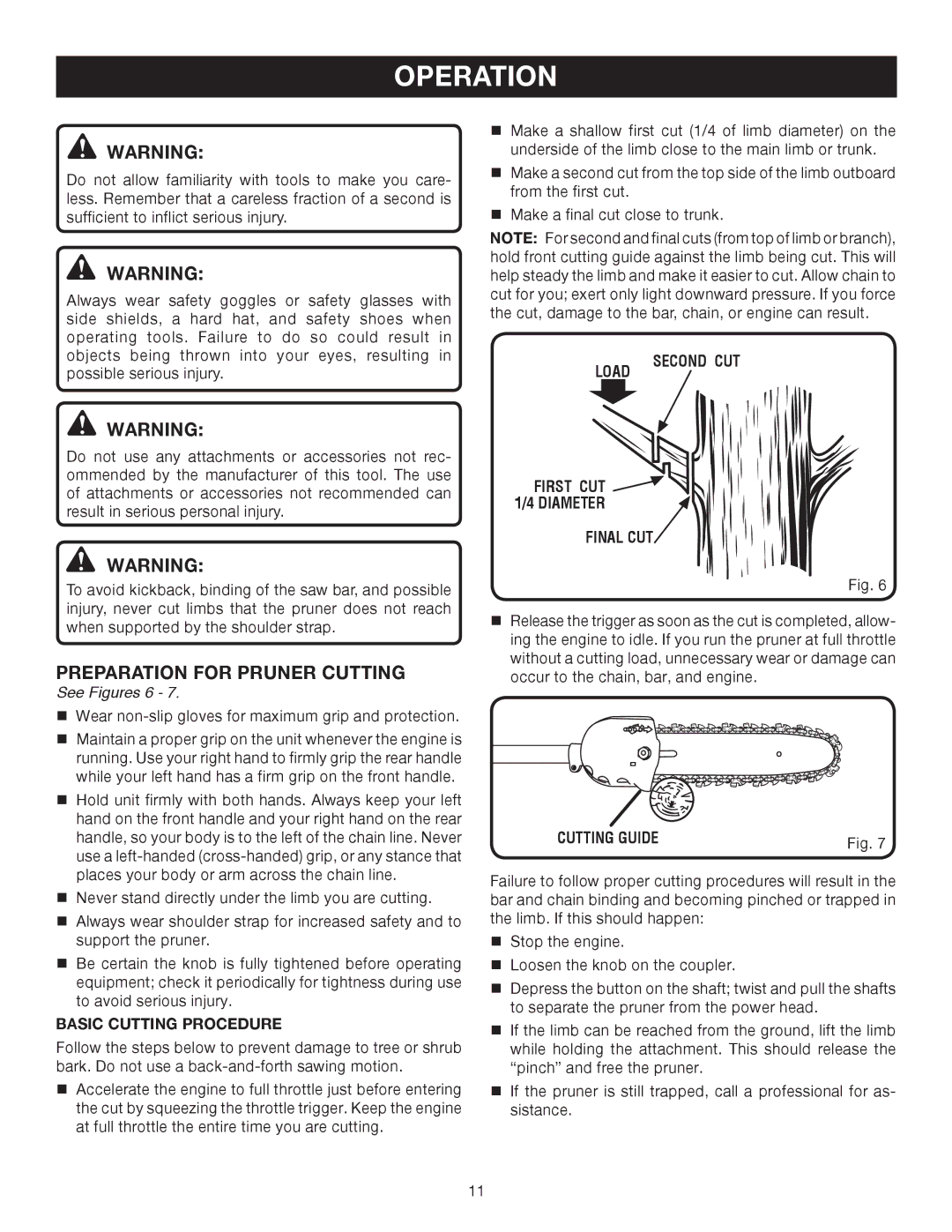 Ryobi Outdoor RY52002 manual Operation, Preparation for Pruner Cutting, See Figures 6 