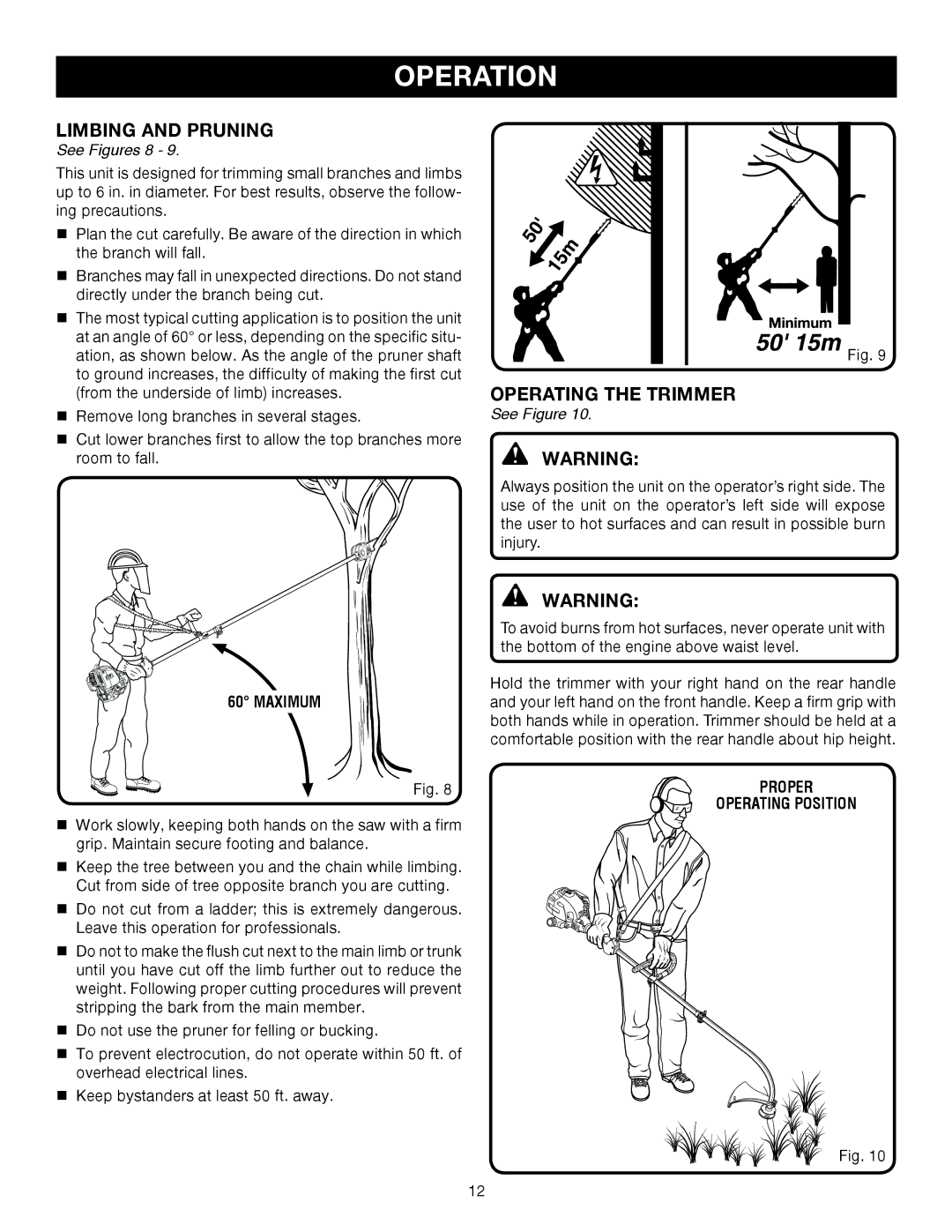 Ryobi Outdoor RY52002 manual Limbing and Pruning, Operating the Trimmer, See Figures 8, Maximum, Proper Operating Position 