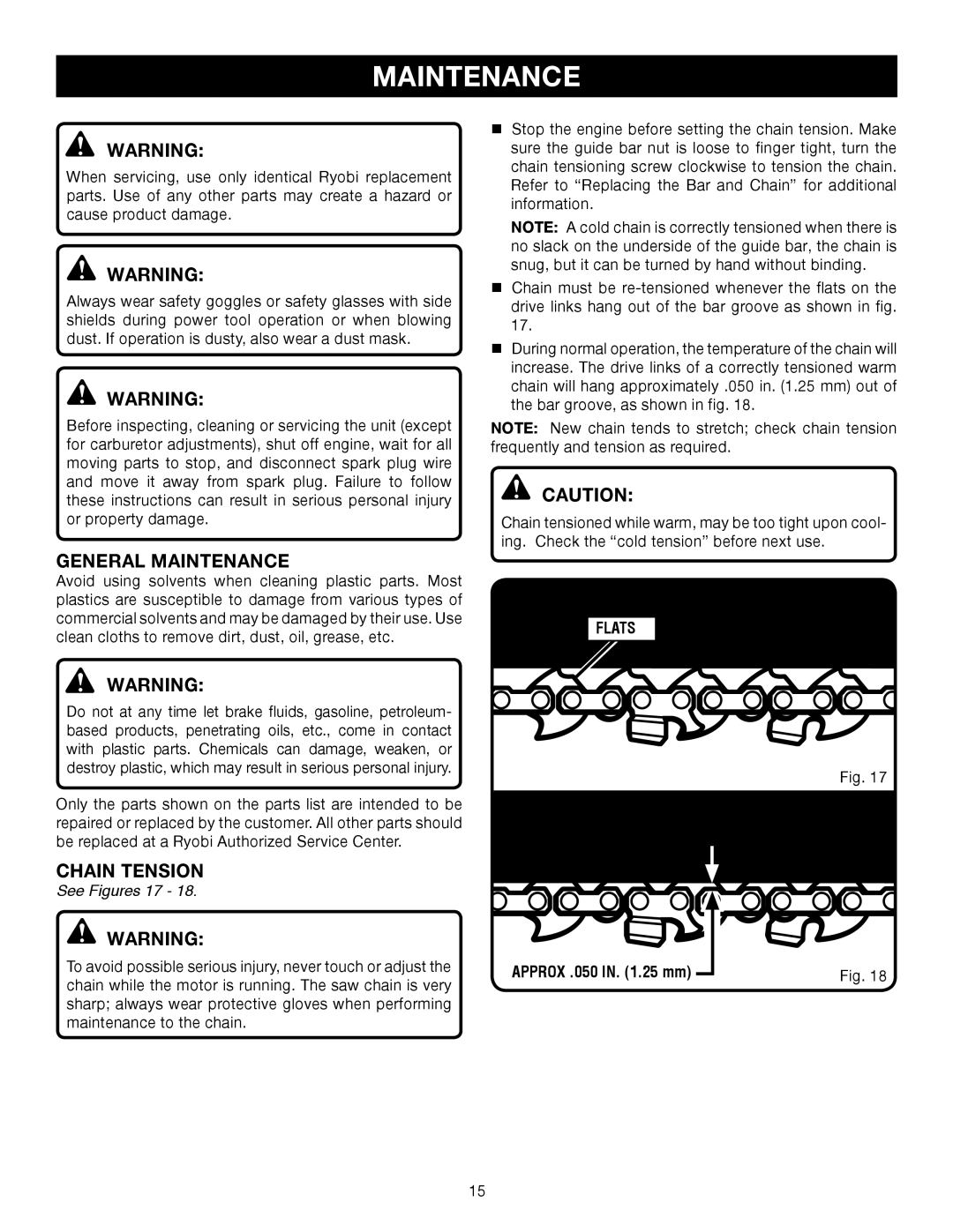 Ryobi Outdoor RY52002 manual General Maintenance, Chain Tension, See Figures 17, Flats 