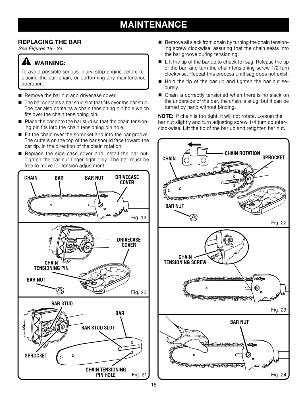 Ryobi Outdoor RY52002 manual Replacing the BAR, See Figures 19, Chain BAR BAR NUT, BAR NUT Chain Tensioning Screw 