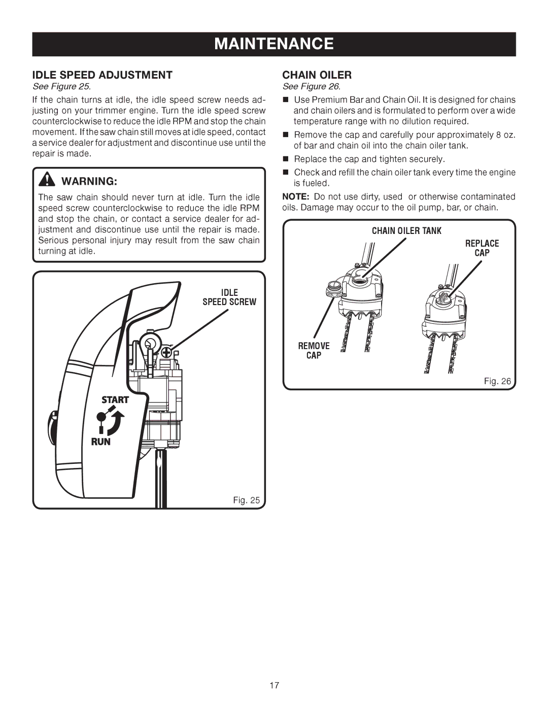 Ryobi Outdoor RY52002 manual Idle Speed Adjustment, Idle Speed Screw, Chain Oiler Tank Replace CAP Remove 