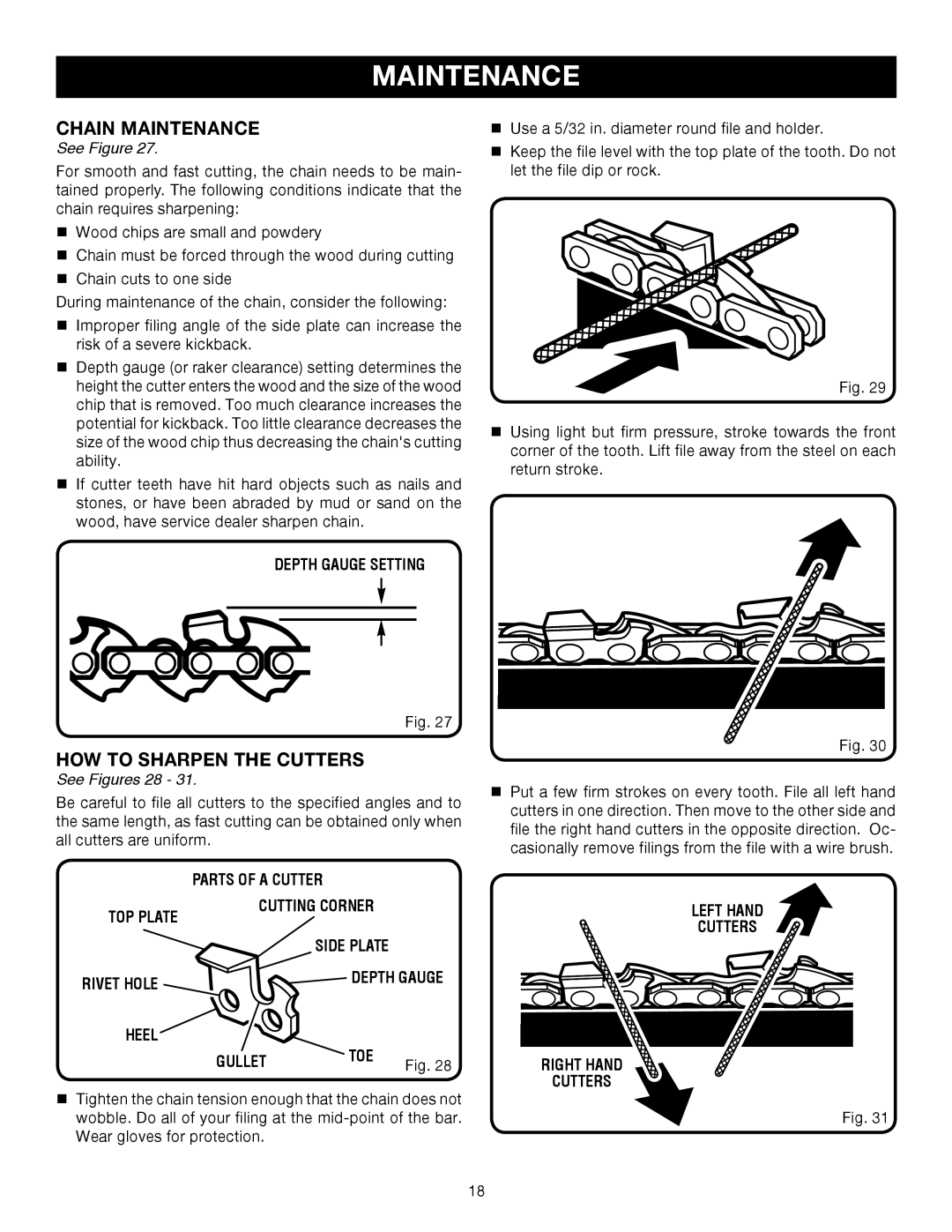 Ryobi Outdoor RY52002 manual Chain Maintenance, HOW to Sharpen the Cutters, See Figures 28 