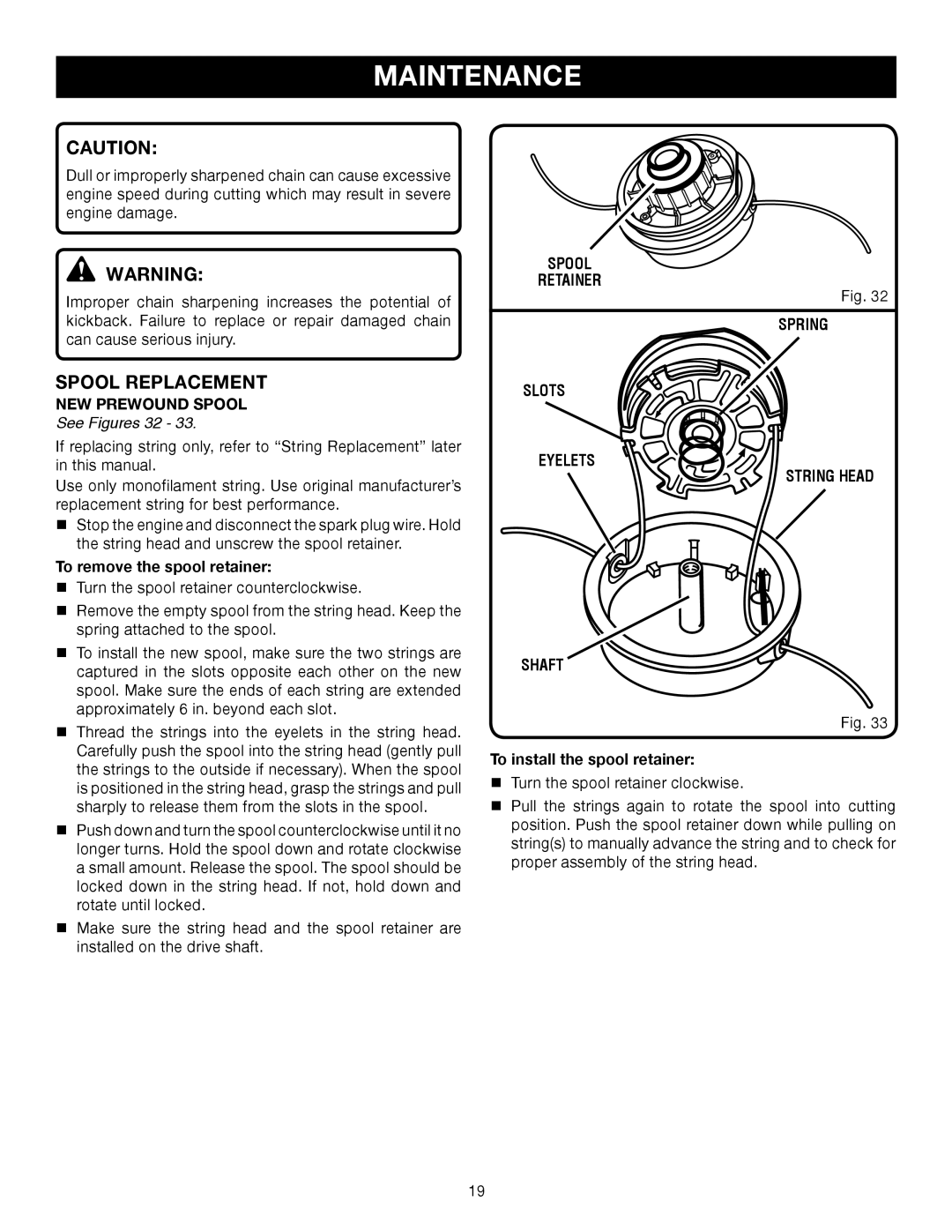 Ryobi Outdoor RY52002 manual Spool Replacement, NEW Prewound Spool, See Figures 32 