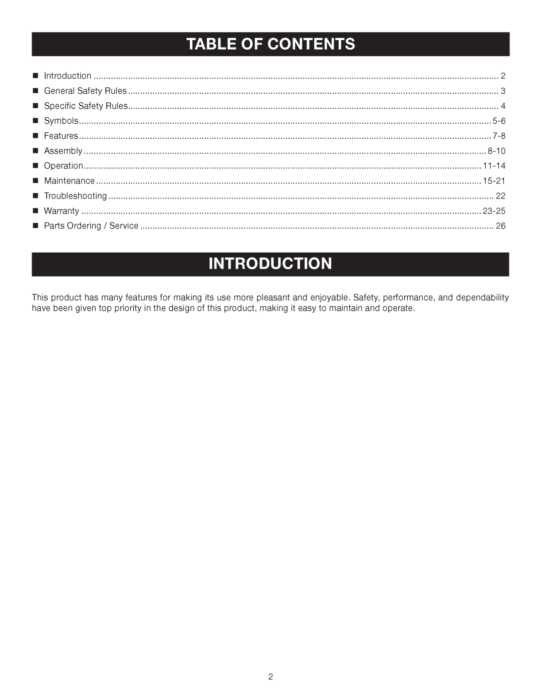 Ryobi Outdoor RY52002 manual Introduction, Table of Contents 