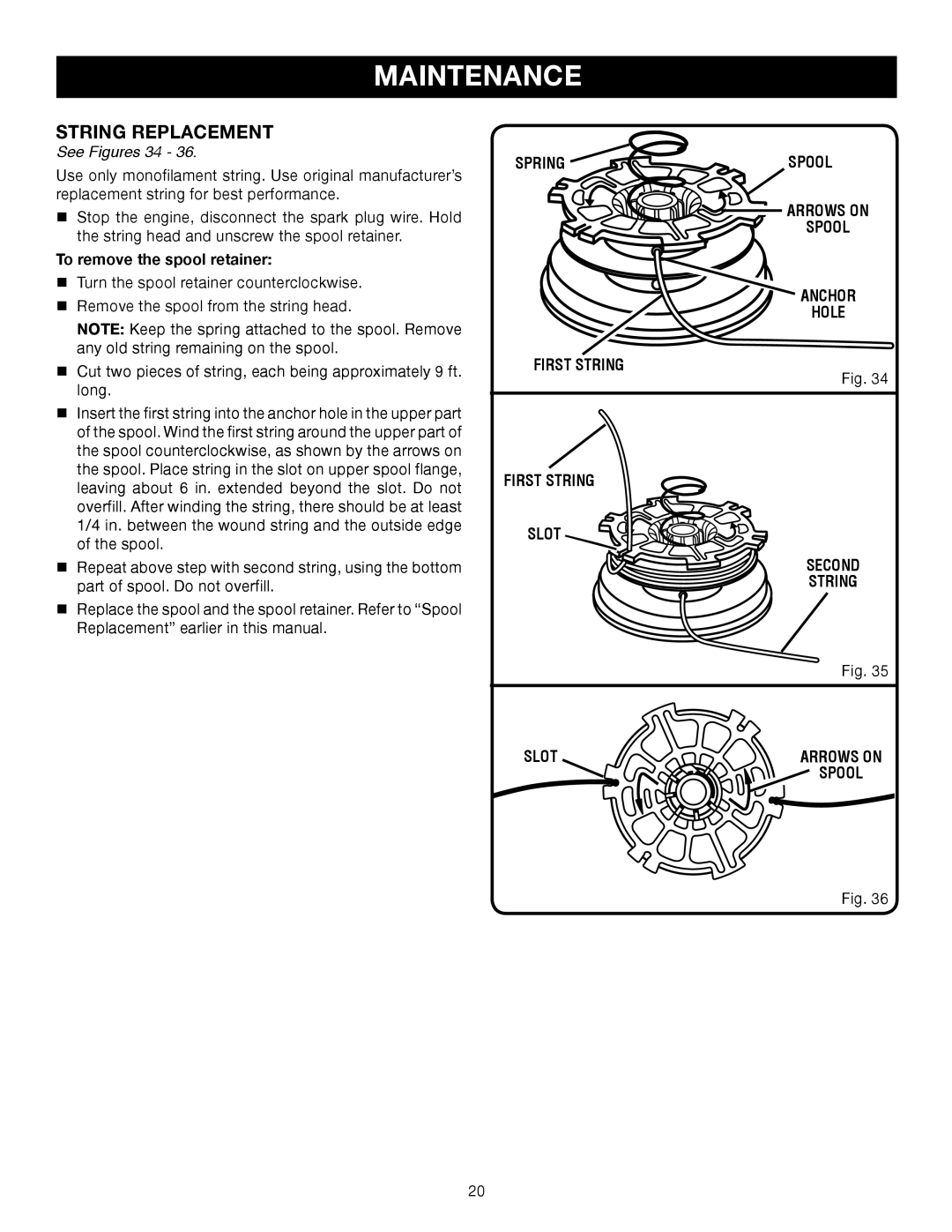 Ryobi Outdoor RY52002 manual String Replacement, See Figures 34, Arrows on Spool Anchor Hole, First String Slot 