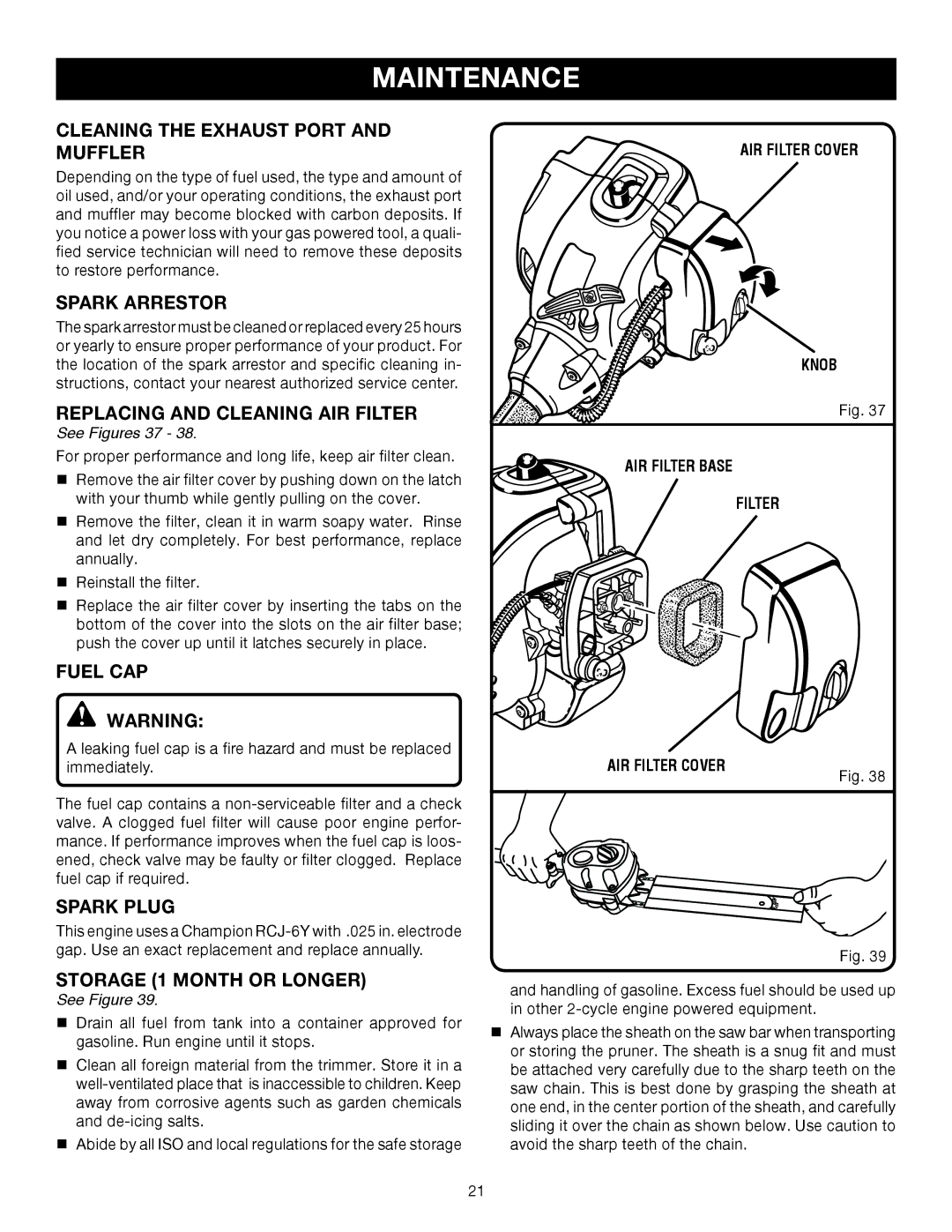 Ryobi Outdoor RY52002 Cleaning the Exhaust Port and Muffler, Spark Arrestor, Replacing and Cleaning AIR Filter, Fuel CAP 