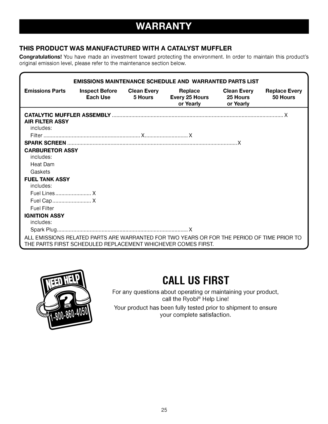 Ryobi Outdoor RY52002 manual This Product WAS Manufactured with a Catalyst Muffler 