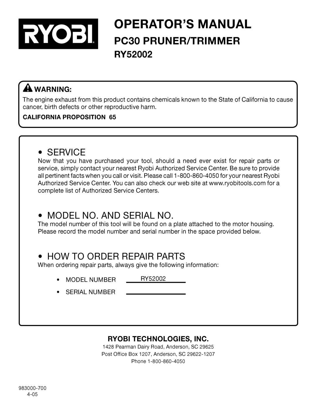 Ryobi Outdoor RY52002 manual Service Model NO. and Serial no, California Proposition 