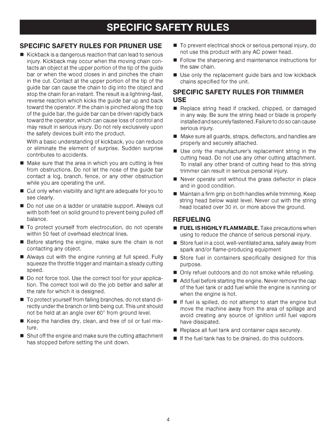 Ryobi Outdoor RY52002 manual Specific Safety Rules for Pruner USE, Specific Safety Rules for Trimmer USE, Refueling 