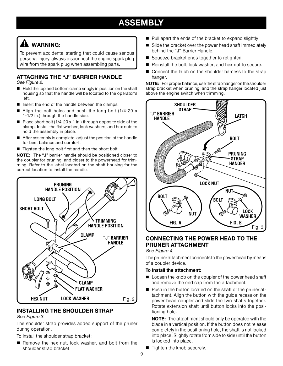 Ryobi Outdoor RY52002 manual Attaching the J Barrier Handle, Installing the Shoulder Strap, Connecting the Power Head to 