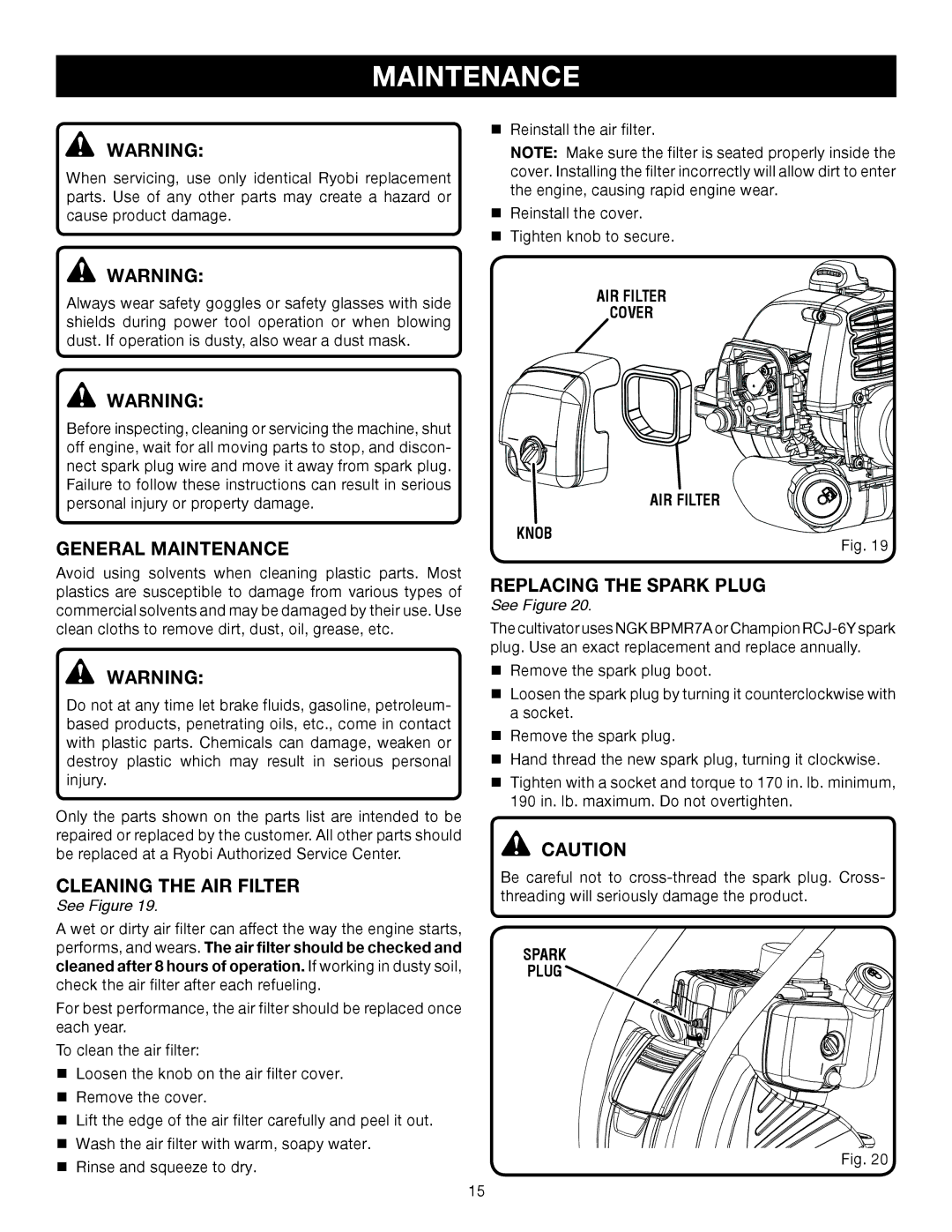 Ryobi Outdoor RY60511A manual General Maintenance, Cleaning the AIR Filter, Replacing the Spark Plug 