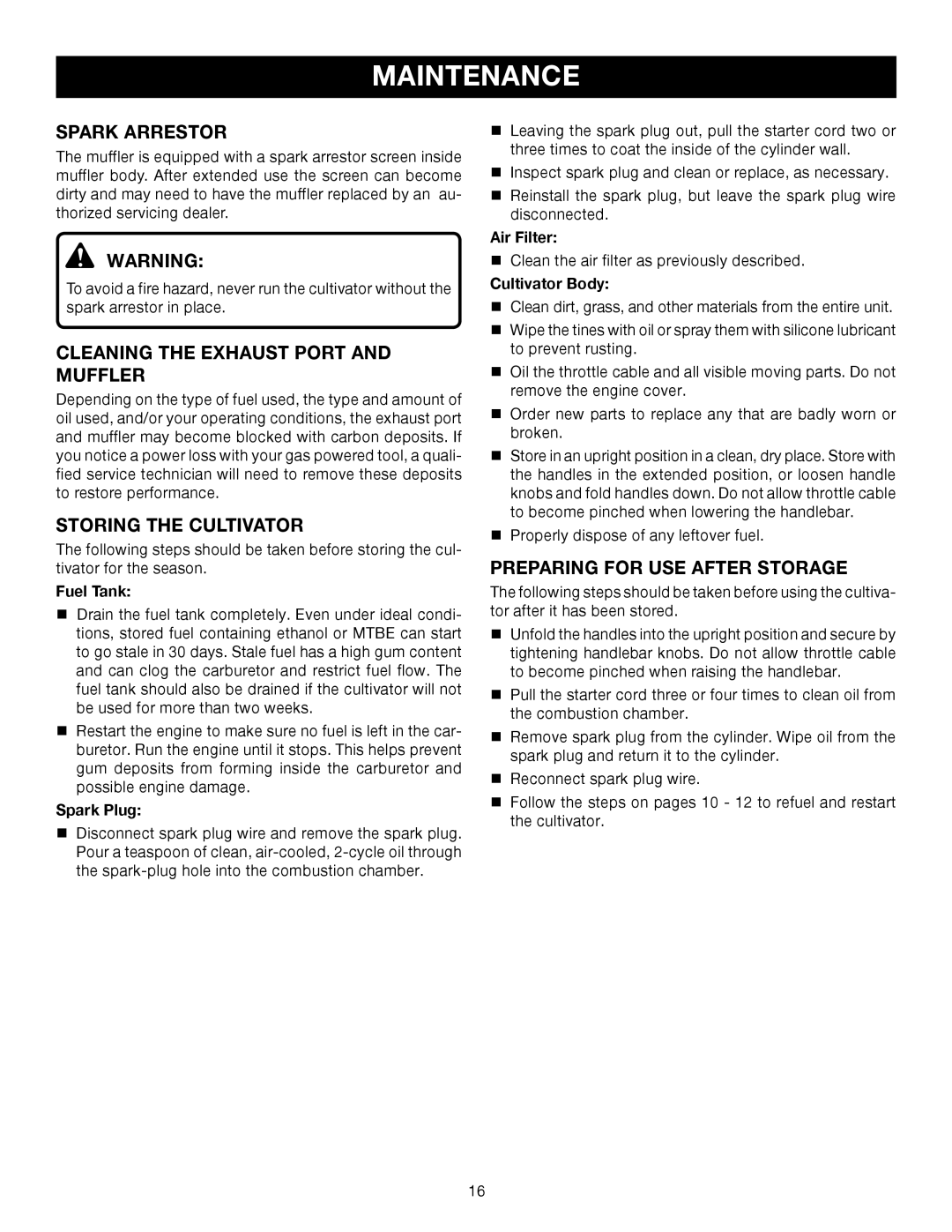 Ryobi Outdoor RY60511A manual Spark Arrestor, Cleaning the Exhaust Port and Muffler, Storing the Cultivator 