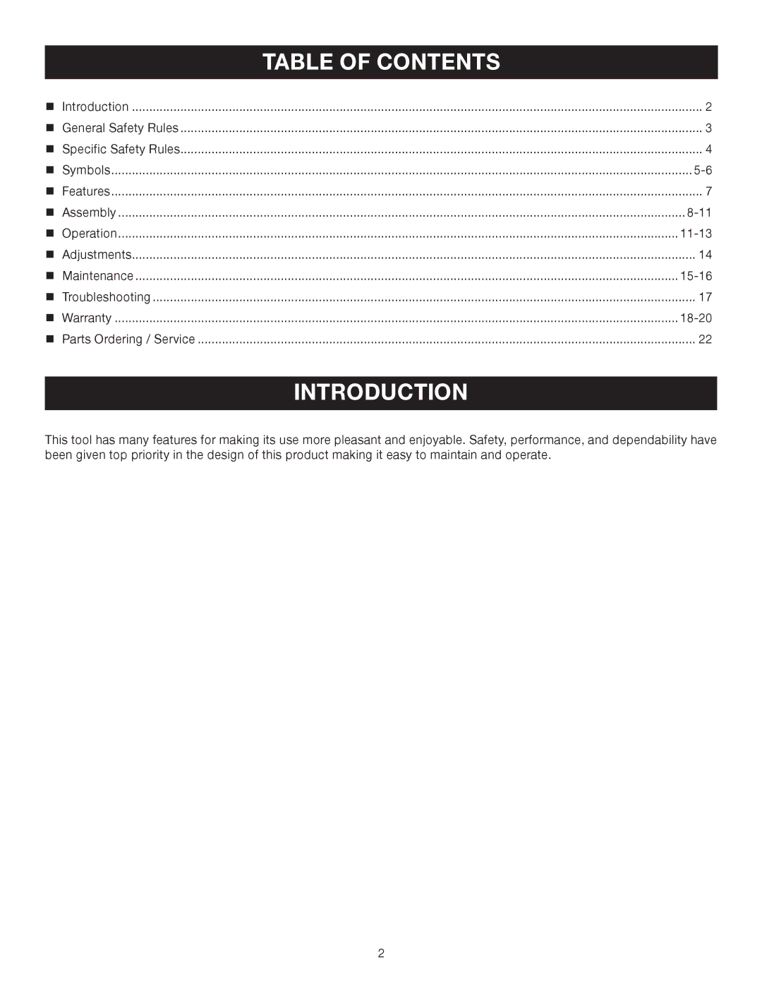 Ryobi Outdoor RY60511A manual Introduction, Table of Contents 