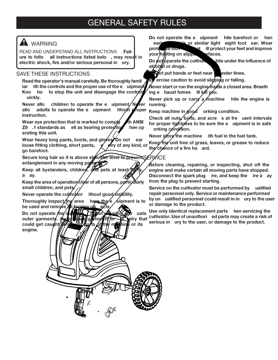 Ryobi Outdoor RY60511A manual General Safety Rules, Service 