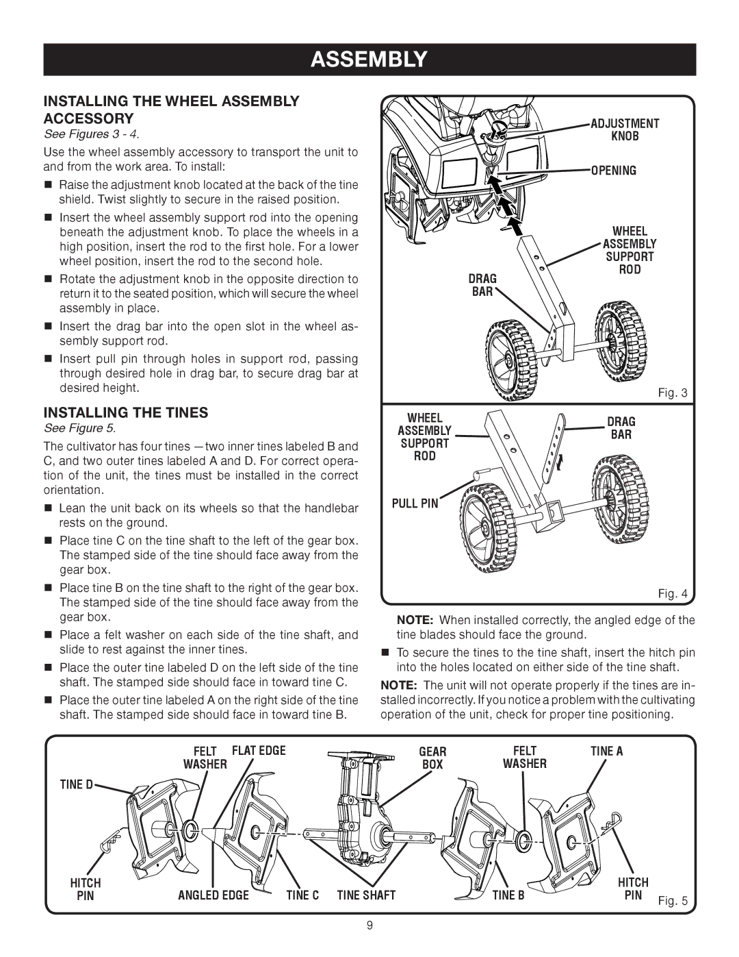 Ryobi Outdoor RY60511A manual Installing the Wheel Assembly Accessory, Installing the Tines, See Figures 3 