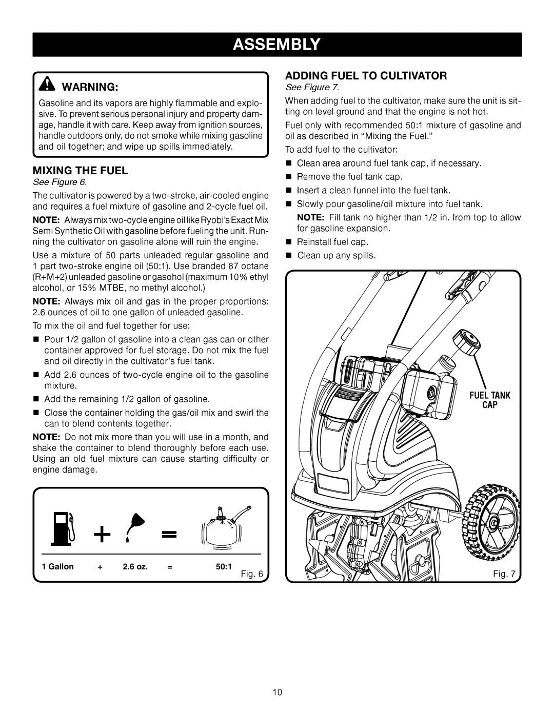 Ryobi Outdoor RY60511A manual Mixing The Fuel, Adding Fuel To Cultivator, Assembly, See Figure, Fuel Tank Cap, 501 Fig 