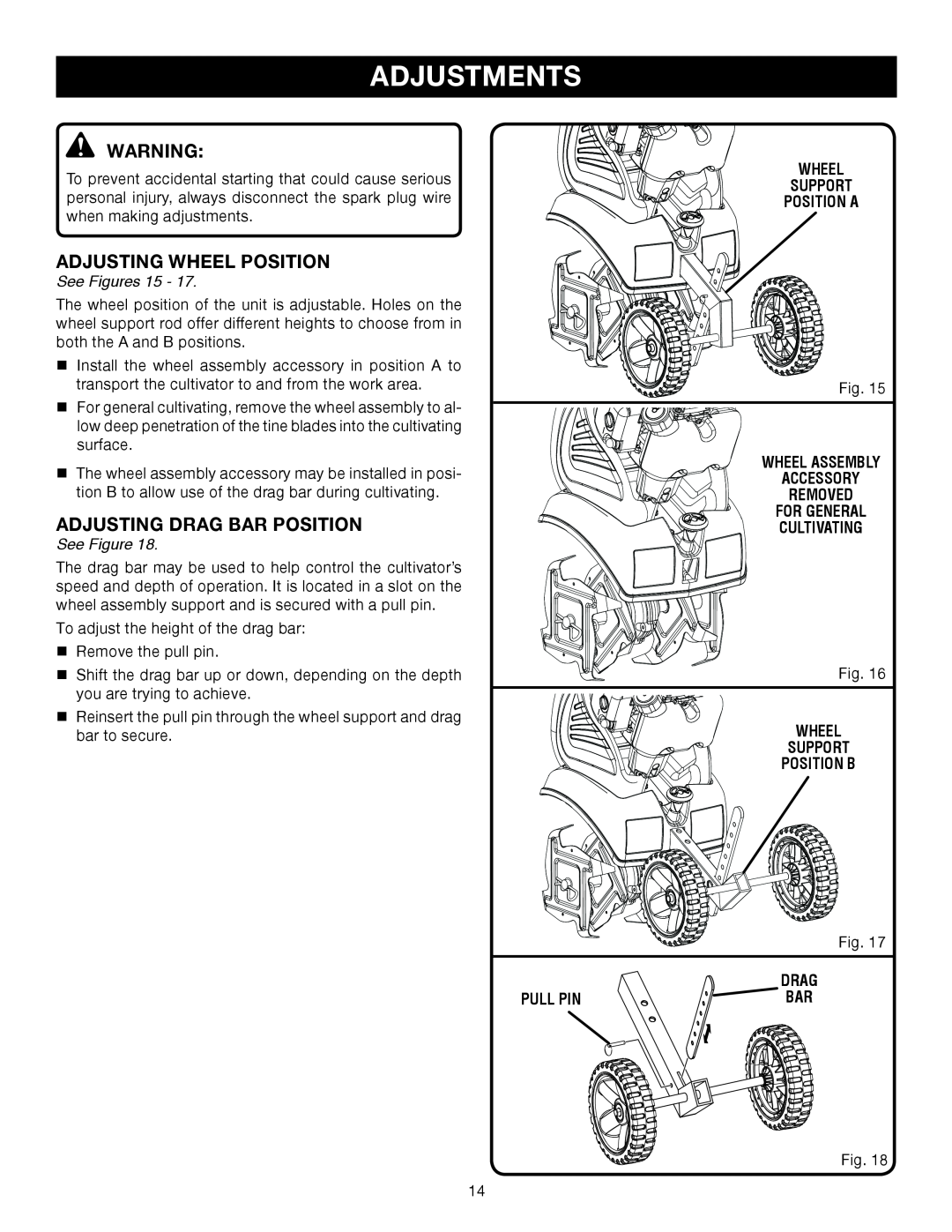 Ryobi Outdoor RY60511A manual Adjustments, Adjusting Wheel Position, Adjusting Drag Bar Position, See Figures 15, Pull Pin 
