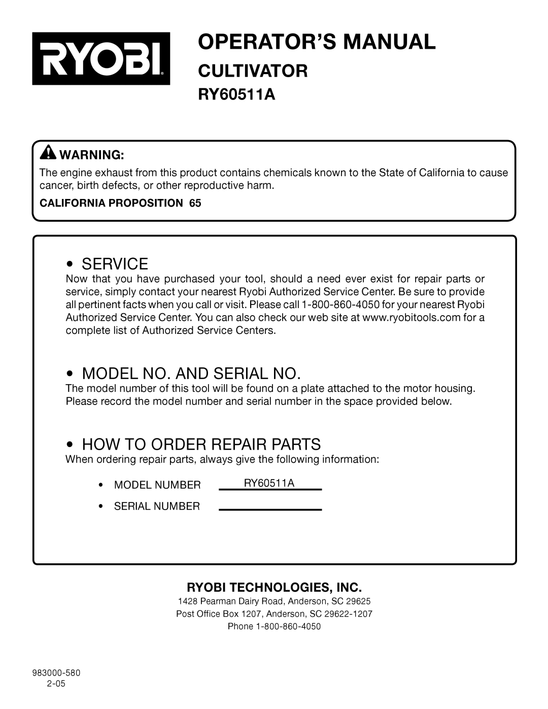 Ryobi Outdoor RY60511A manual California Proposition, Operator’S Manual, Cultivator, Service, Model No. And Serial No 