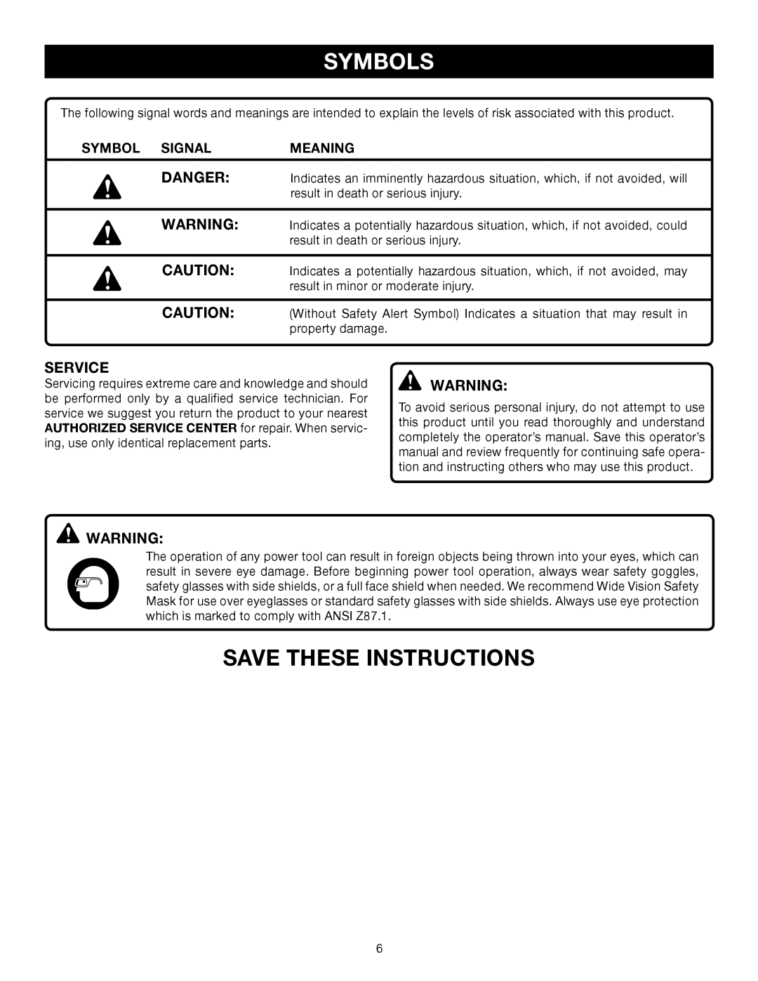 Ryobi Outdoor RY60511A manual Save These Instructions, Symbols, Service, Symbol Signal, Meaning 