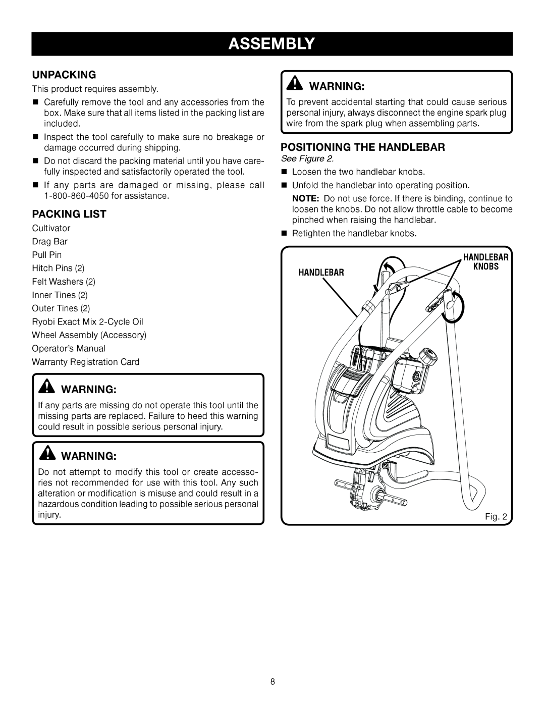 Ryobi Outdoor RY60511A manual Assembly, Unpacking, Packing List, Positioning The Handlebar, See Figure 