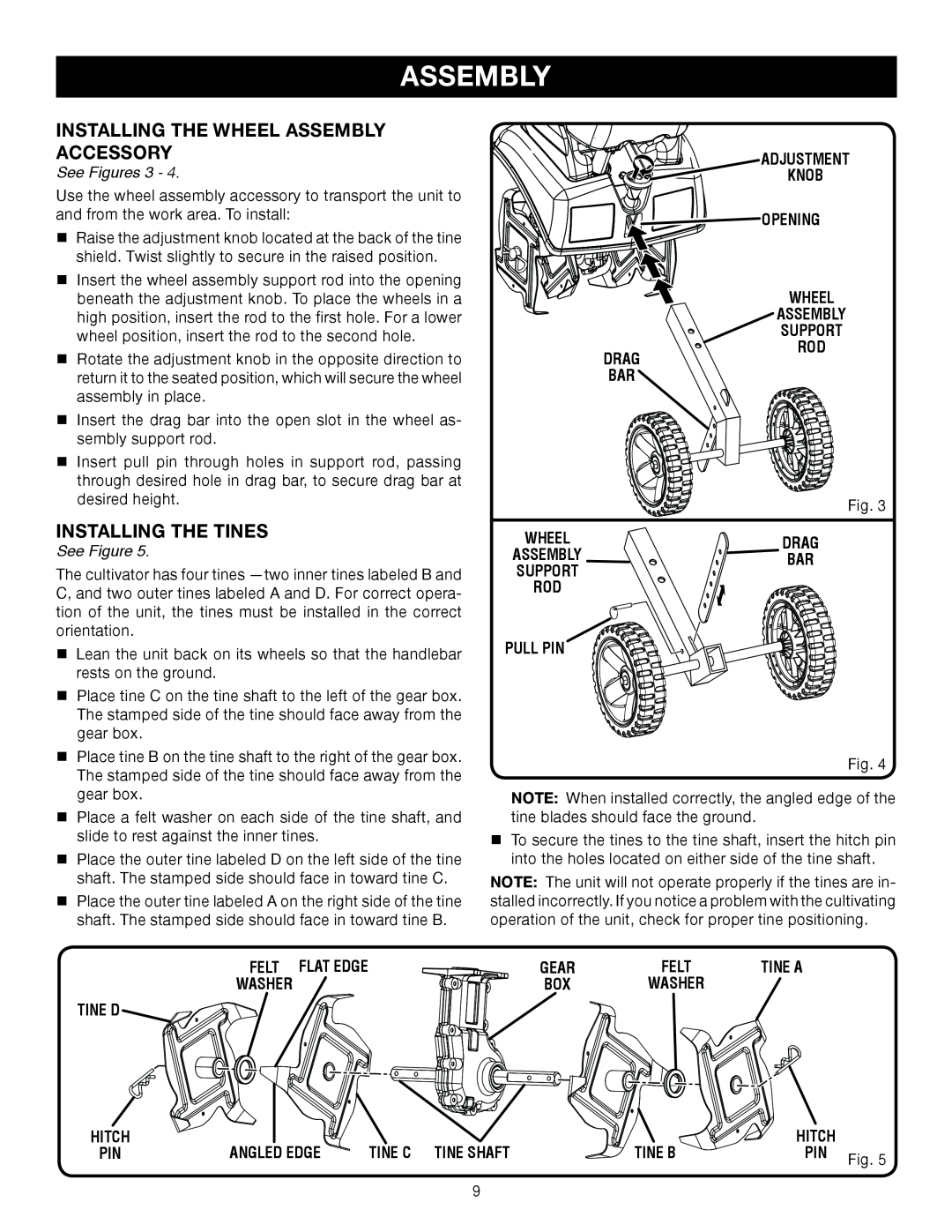 Ryobi Outdoor RY60511A Installing The Wheel Assembly Accessory, Installing The Tines, See Figures, Adjustment, Drag Bar 