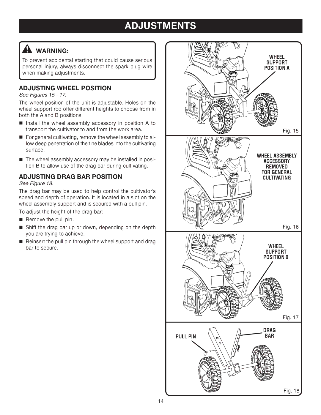 Ryobi Outdoor RY60511B manual Adjustments, Adjusting Wheel Position, Adjusting Drag BAR Position, See Figures 15 