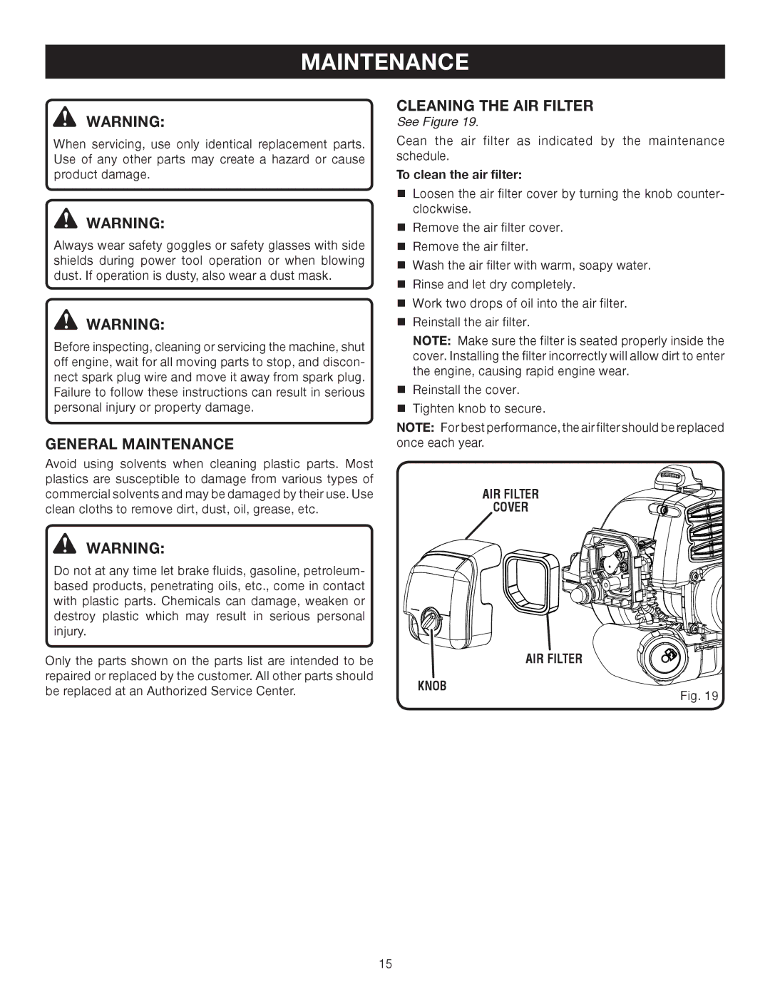 Ryobi Outdoor RY60511B General Maintenance, Cleaning the AIR Filter, To clean the air filter, AIR Filter Cover Knob 