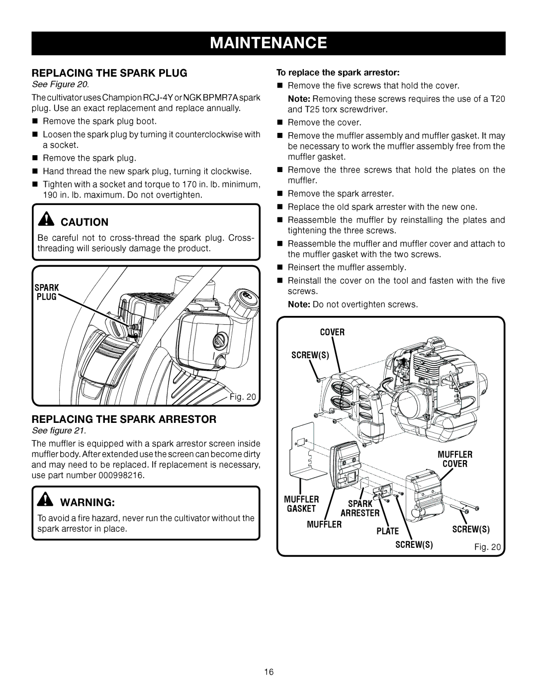 Ryobi Outdoor RY60511B manual Replacing the Spark Plug, Replacing the Spark Arrestor, Cover Screws, Muffler Plate Screws 