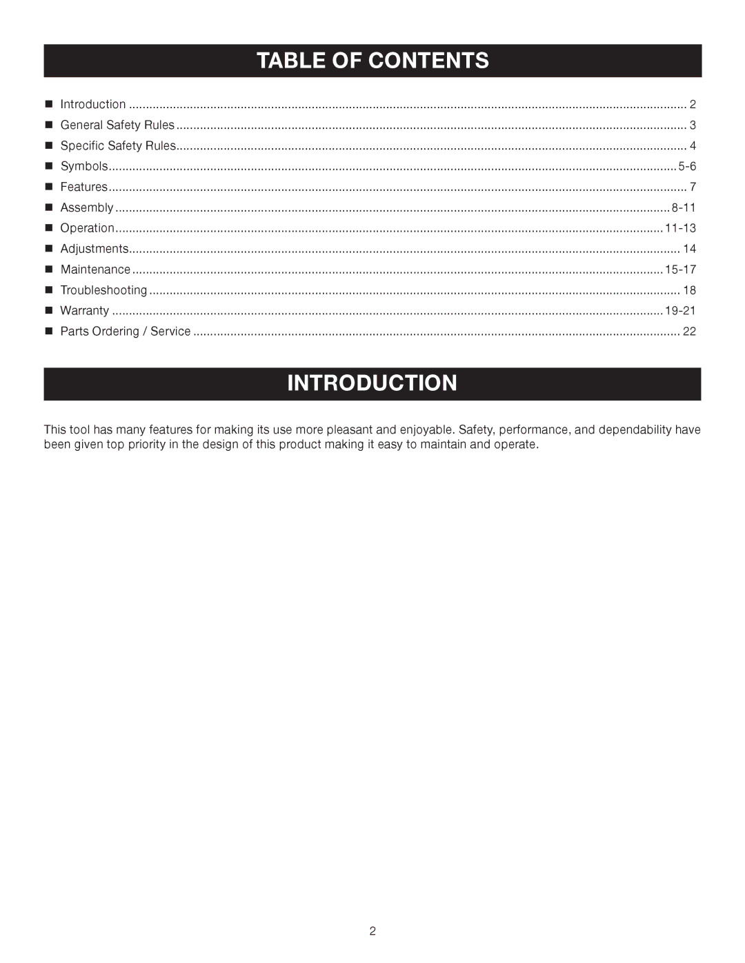 Ryobi Outdoor RY60511B manual Introduction, Table of Contents 