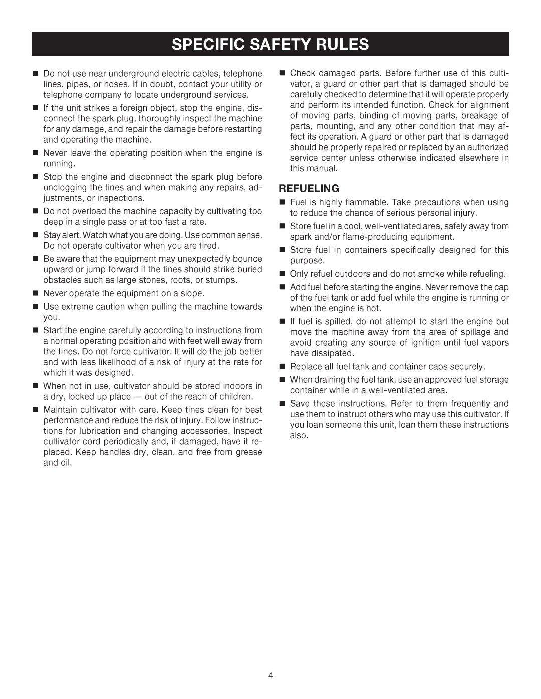 Ryobi Outdoor RY60511B manual Specific Safety Rules, Refueling 