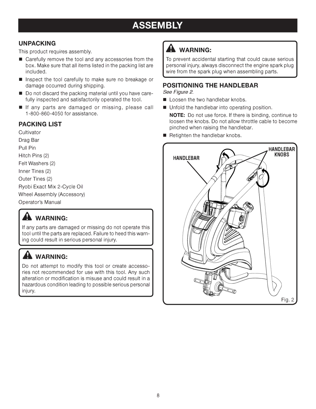 Ryobi Outdoor RY60511B manual Assembly, Unpacking, Packing List, Positioning the Handlebar 