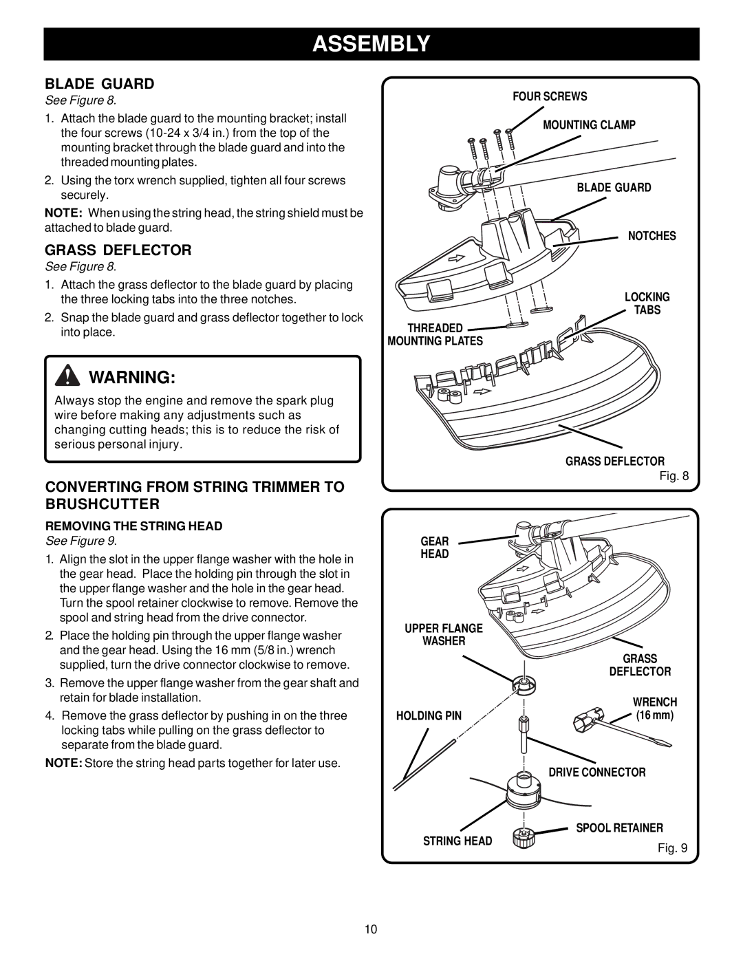 Ryobi Outdoor RY70105, PBC3046E manual Blade Guard, Grass Deflector, Converting from String Trimmer to Brushcutter 