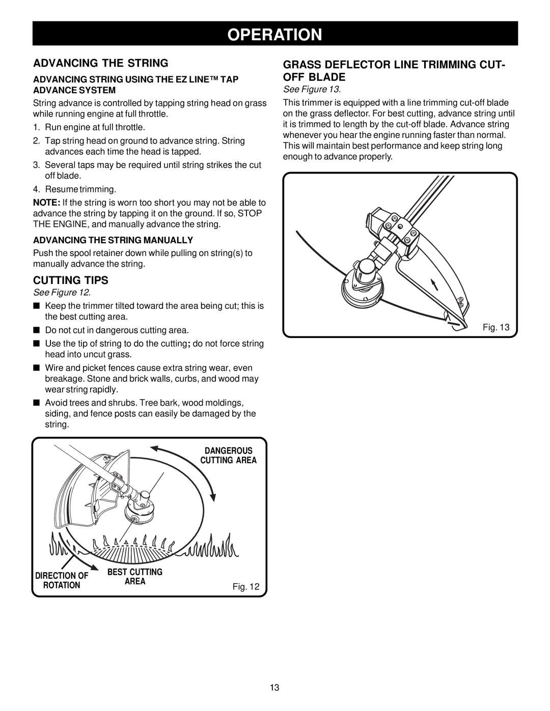 Ryobi Outdoor PBC3046E, RY70105 manual Advancing the String, Cutting Tips, Grass Deflector Line Trimming CUT- OFF Blade 