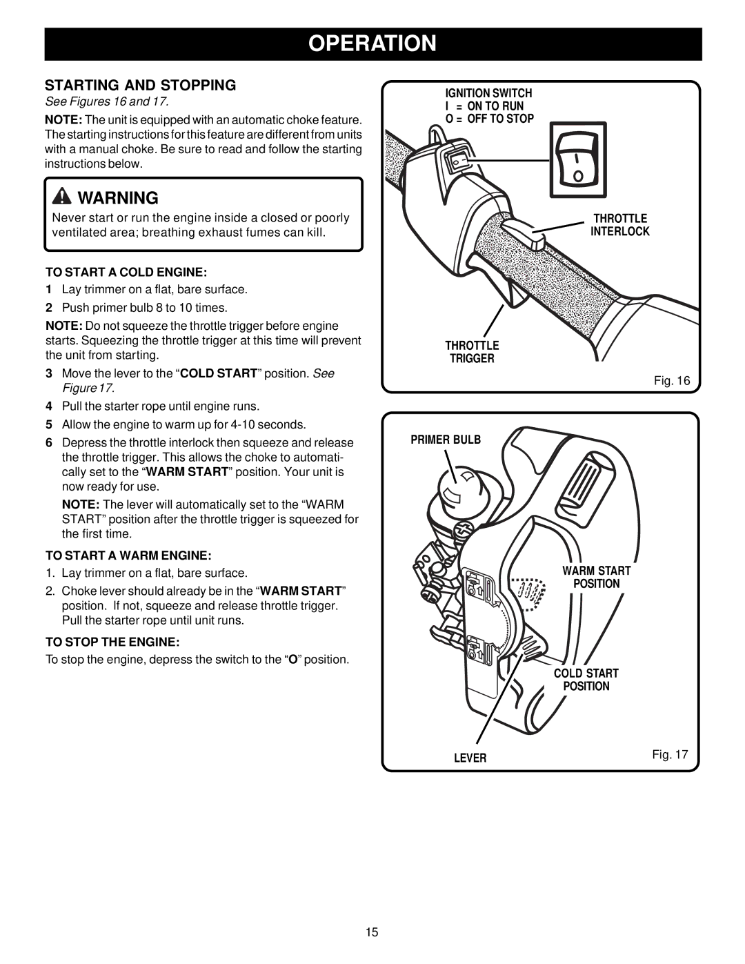 Ryobi Outdoor PBC3046E, RY70105 Starting and Stopping, To Start a Cold Engine, To Start a Warm Engine, To Stop the Engine 