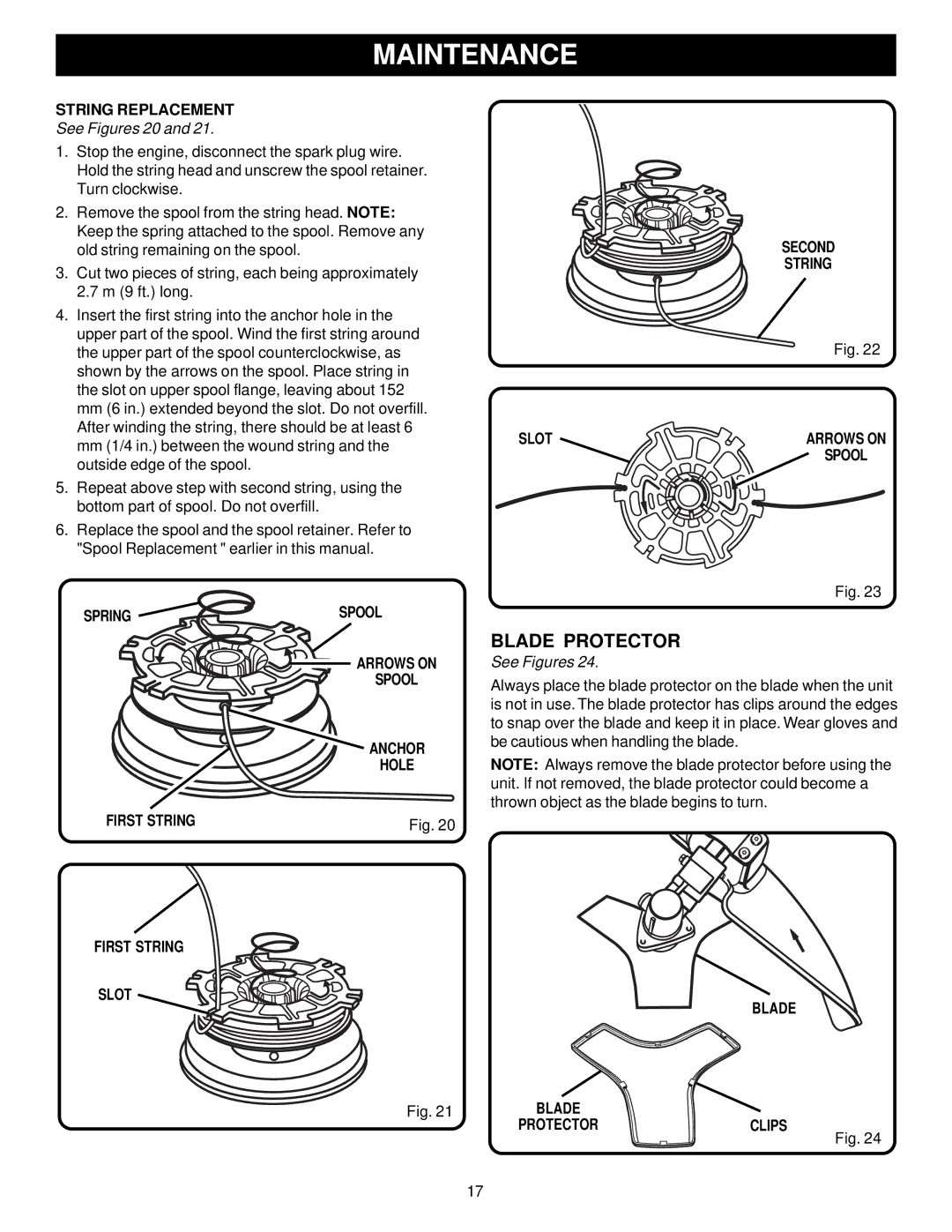 Ryobi Outdoor PBC3046E, RY70105 manual Blade Protector, String Replacement, Spring, Arrows on Spool Anchor Hole First String 