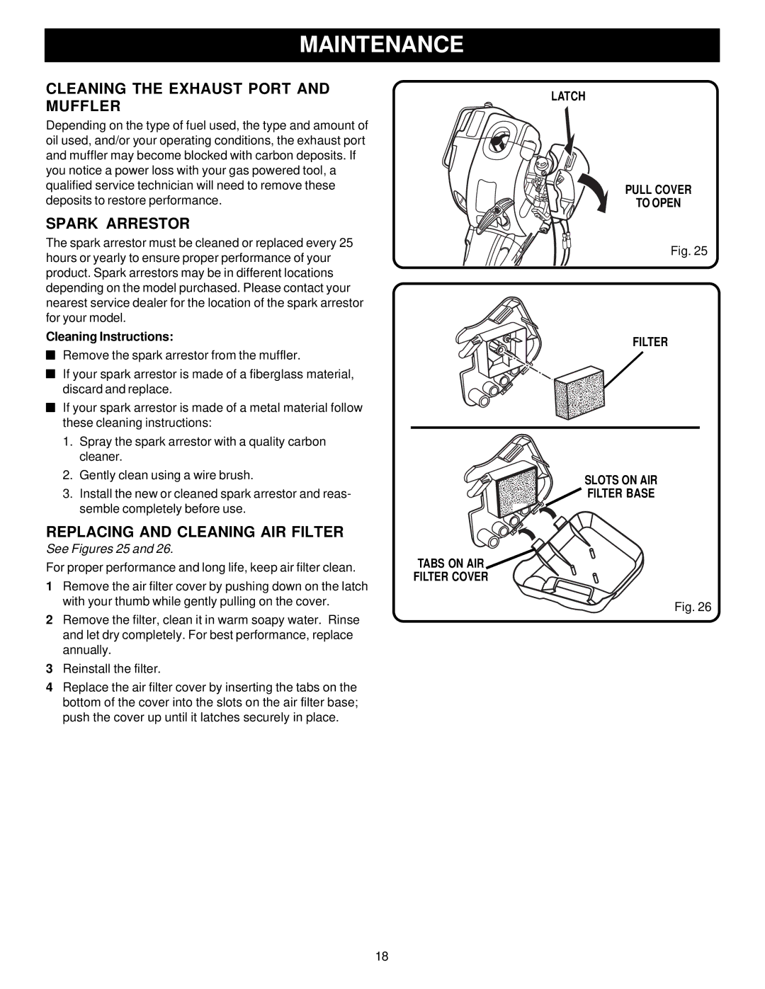 Ryobi Outdoor RY70105, PBC3046E Cleaning the Exhaust Port and Muffler, Spark Arrestor, Replacing and Cleaning AIR Filter 